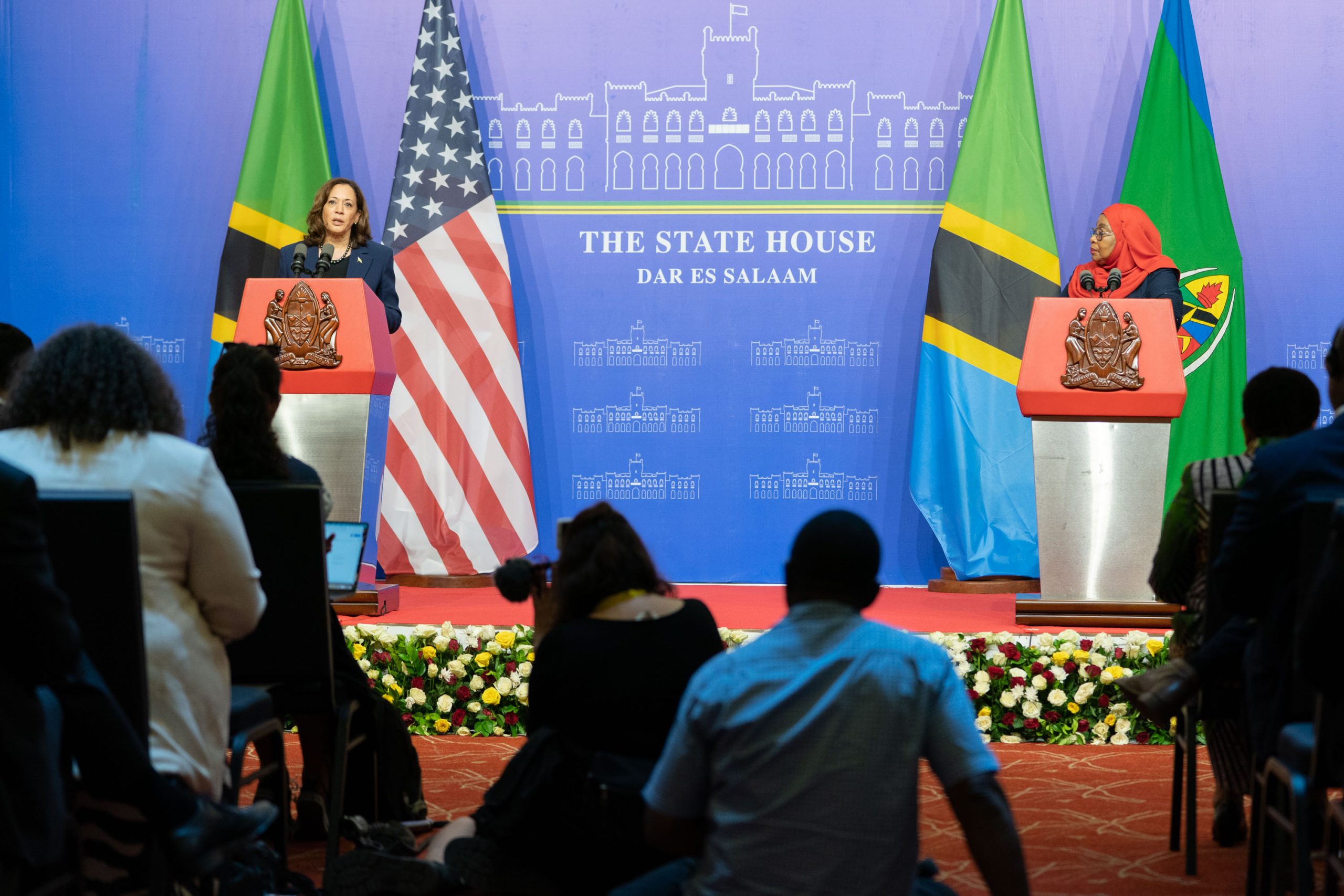 U.S Vice President Kamala Harris and Tanzania's President, Samiah Suluhu Hassan, at a press briefing in Dar-es-Salaam, Tanzania on March 30, 2023.