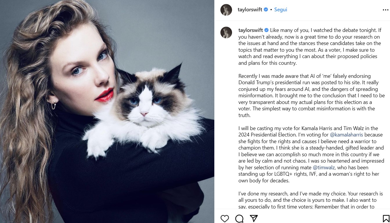 Taylor Swift's endorsement post to Kamala Harris on Instagram